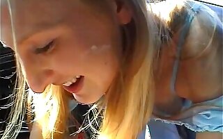 Amateur girlfriend blowjob in a car with cum in mouth